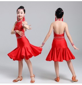 Girls kids competition red rhinestones latin dance dresses modern dance performance dress children chacha rumba dance dress 