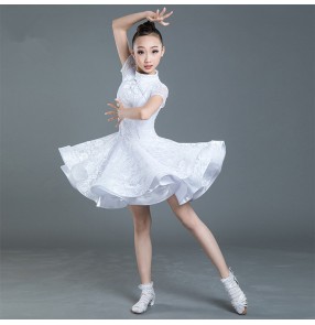 Girls kids competition red white lace latin dance dresses professional ballroom salsa samba chacha dance skirts costumes 