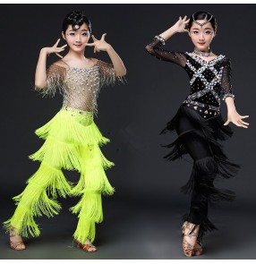 Girls kids competition rhinestones latin dance costumes top and fringes pants latin dance dresses salsa chacha dance costumes