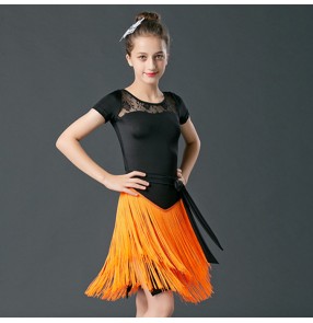 Girls kids competition tassels latin dance dresses stage performance salsa samba chacha dance skirts costumes