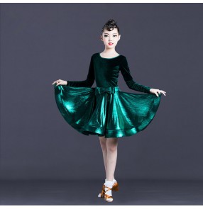 Girls kids dark green velvet ballroom latin dance dress statge performance latin salsa dance dresses