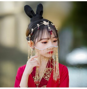 Girls kids fairy Hanfu Chinese princess queen cosplay headdress with veil phoenix crown headdress birthday carnival party photography tassel veil water drop forehead Chain for Girls