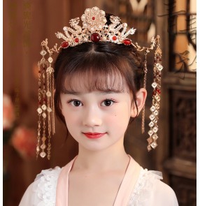 Girls kids fairy Hanfu hair accessories Chinese antique empress queen costume hair phoenix crown film stage performance head accessories