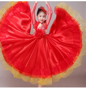 Girls kids flamenco dress red spanish bull dance dress choir opening dance stage performance ballroom dancing dresses