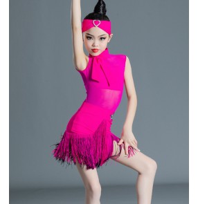 Girls kids fuchsia violet fringe latin dance dresses salsa modern ballroom latin performance outfits for children