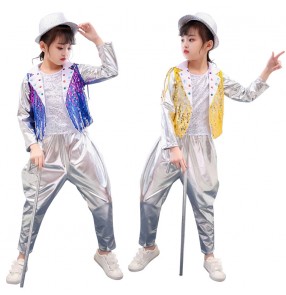 Girls kids gold blue sequins jazz dance costumes hiphop street dance outfits singers model school stage performance tops and pants