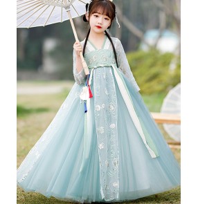 Girls kids Green color Chinese hanfu fairy princess cosplay blossom dress photos shooting model show Ancient Traditional guzheng Tang suit for girl