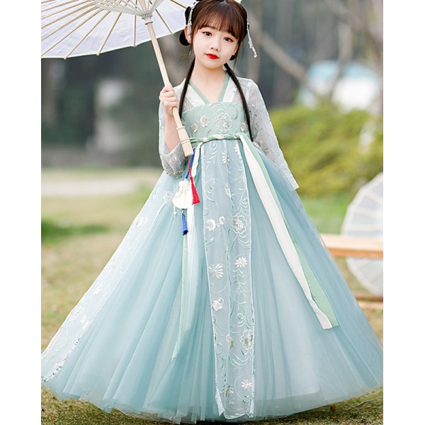 Girls kids Green color Chinese hanfu fairy princess cosplay blossom ...