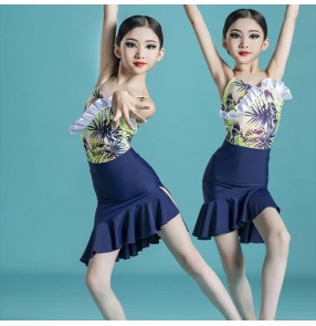 Girls kids green floral printed latin dance dresses modern salsa chacha dance dress for children