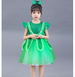 Girls kids green fuchsia yellow sequined jazz dance dresses modern dance princess chorus model show preschool kindergarten stage preformance outfits for girl baby