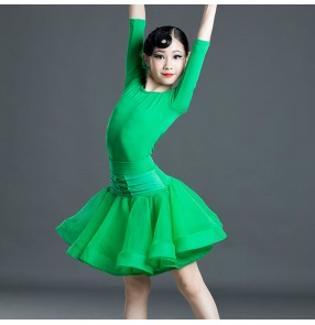 Girls kids green latin dance dress competition traning practice ballroom salsa dance dress for children