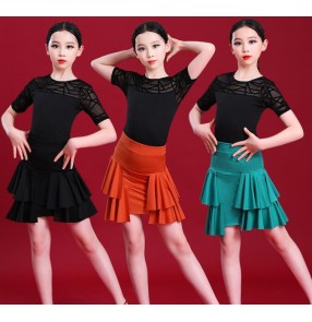 Girls kids green orange black mesh latin dance dresses modern salsa chacha rumba dancing outfits for children