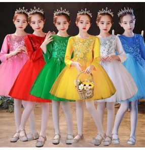 Girls kids green pink blue white sequins jazz dance costumes princess dresses choir kindergarten school performance outfits for Children