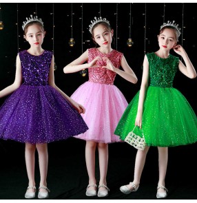 Girls kids green pink purple sequins jazz dance dress modern dance tutu skirts singer chorus choir church performance outfits for children