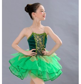 Girls kids green velvet fairy ballet dance dresses green petals tutu skirts for children stage performance ballet dance costumes