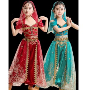 Girls kids Green wine Indian bollywood belly Dance Costumes tianzhu girl dance clothes western style clothing Xinjiang dance performance dresses for baby