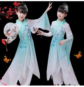 Girls kids hanfu chinese folk dance costumes green gradient colored ancient traditional fairy anime drama kimono cosplay dresses