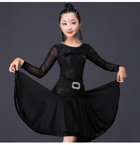 Girls kids lace black colored competition latin dance dresses salsa rumba chacha dance dress costumes