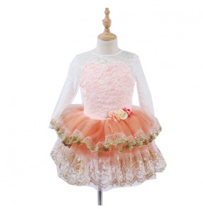 Girls kids lace long sleeves ballet dance dresses stage performance tutu skirt ballet dance costumes