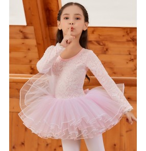 Girls kids lace long sleeves pink tutu skirts ballet dance dresses for children stage performance light yellow ballet dance skirts ballet dance costumes