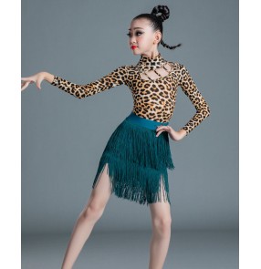 Girls kids latin dance csotumes leopard leotards with peacock fringed skirt modern salsa chcha latin dance dress for children 