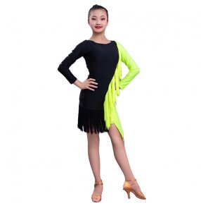 Girls kids latin dance dresses black with green patchwork stage performance salsa rumba chacha dance dress