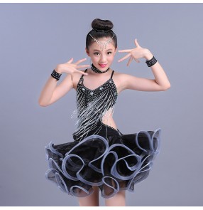 Girls kids latin dance dresses kids children beads fringes backless stage performance competition rumba salsa chacha dance skirts costumes