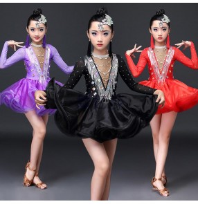 Girls kids latin dance dresses kids children bling rhinestones ballroom salsa rumba chacha latin dance skirts costumes 