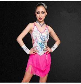 Girls kids latin dance dresses tassels rhinestones rumba salsa chacha modern dance dresses costumes