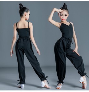 Girls kids latin dance tops and pants ballroom dancing outfits salsa modern dancing stage performance leotard tops and trousers for kids