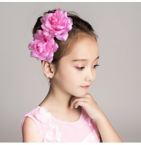 Girls kids latin stage performance rose headdress model host singers stage performance hair accessories head flowers one piece