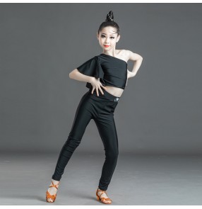 Girls kids leopard black latin dance costumes one shoulder dance tops and pants ballroom modern dance practice outfits for baby