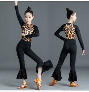 Girls kids leopard latin dance costumes modern dance stage performance salsa latin dance tops and pants