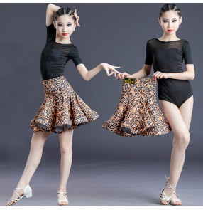 Girls Kids Leopard Latin Dance dresses Children stage performance competition ballroom salsa rumba chacha modern dance outfits