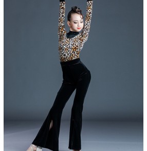Girls kids leopard velvet latin dance costumes modern ballroom latin practice stage performance leotards tops and pants for girl