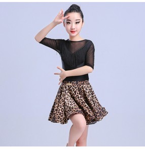 Girls kids leopard with black green red latin dance dresses stage performance salsa chacha rumba dance tops and skirts dress