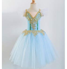 Girls kids light blue ballet dance dress baby toddlers leotard long tutu skirt ballerina modern dance ballet dance long dresses for children birthday party princess dresses