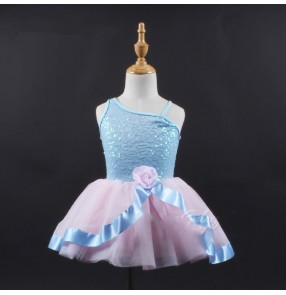 Girls kids light blue with pink sequined ballet dance dresses modern dance tutu skirt stage performance ballet dance outfits for children
