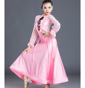 Girls kids light pink ballroom dance dresses stage performance tango waltz dance dress for kids leotard top and skirts