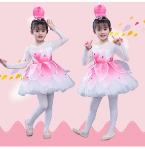 Girls kids light pink lotus petals jazz dance dress choir singers chorus stage performance costumes modern ballet dance dresses for baby 