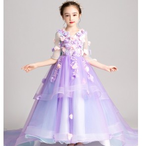 Girls kids light purple pianist evening model show singer host party performance dresses flower girls wedding party dress