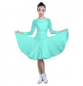 Girls kids mint colored long sleeves competition latin dance dresses ballroom dancing dresses salsa dress