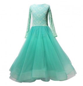 Girls kids mint lace long length ballroom dancing dresses competition stage performance waltz tango dance dress