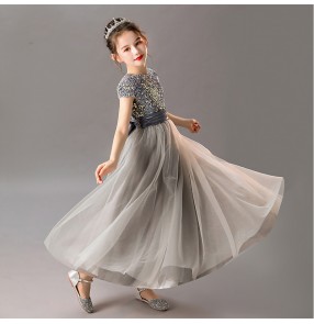 Girls kids model show silver color pianist stage performance long dresses birthday party gift dresses flower girls photos shooting dresses for children