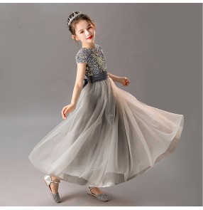 Girls kids model show silver color pianist stage performance long dresses birthday party gift dresses flower girls photos shooting dresses for children