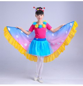 Girls kids modern dance dresses fairy butter fly birds cartoon drama cosplay costumes rainbow wings stage performance dance costumes