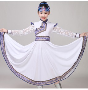 Girls kids Mongolian costumes Chinese folk dance children white blue international Mongolian drama stage performance robes dresses