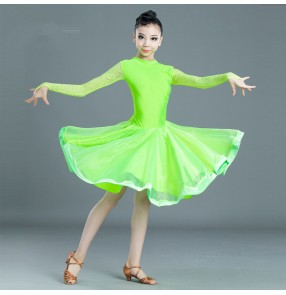 Girls kids neon green yellow latin dance dresses children salsa rumba chacha dance dress costumes