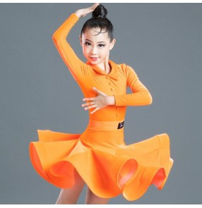 Girls kids orange colored latin dance dress children stage performance ballroom latin salsa dance dress costumes