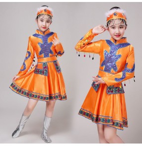 Girls kids orange colored Mongolian dance costumes Mongolia minority chinese folk dance costumes robes